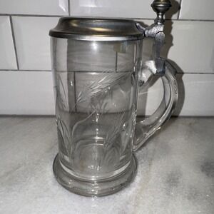 BMF W. Germany Beer Stein‎ Glass Pewter Lid 92% Zinn Hops Barley Design Etched